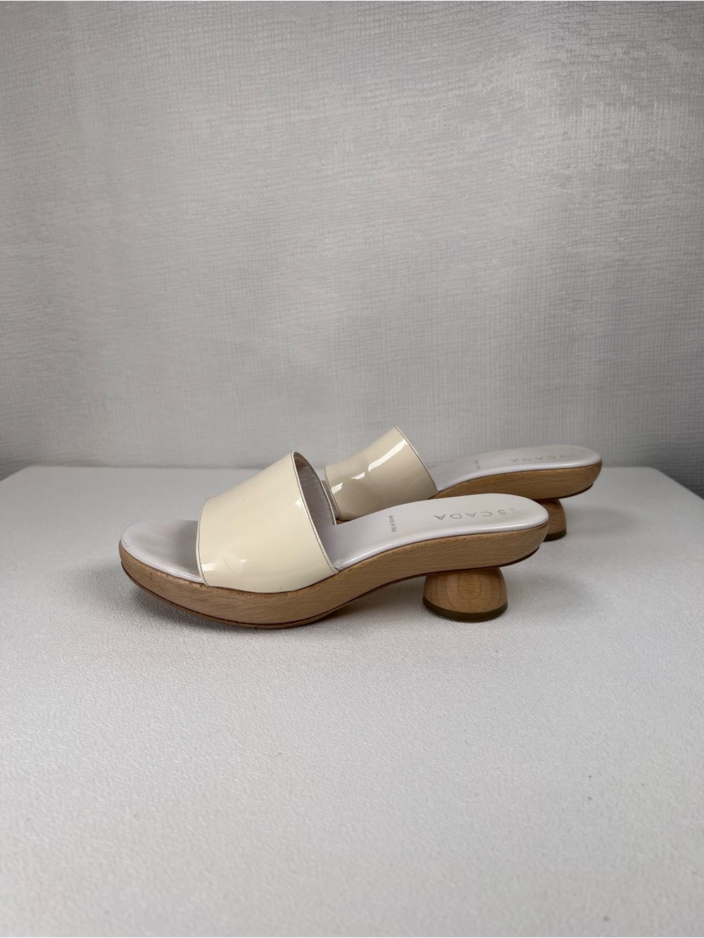 Escada Cream Patent Slide Mules with Sculpted Wooden Heel